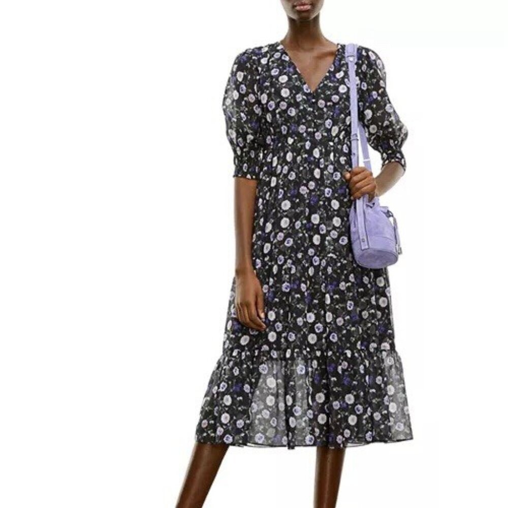 The Kooples Womens Size XS Black Floral Print Empire Midi Silk Dress $425 NWT - Picture 2 of 14